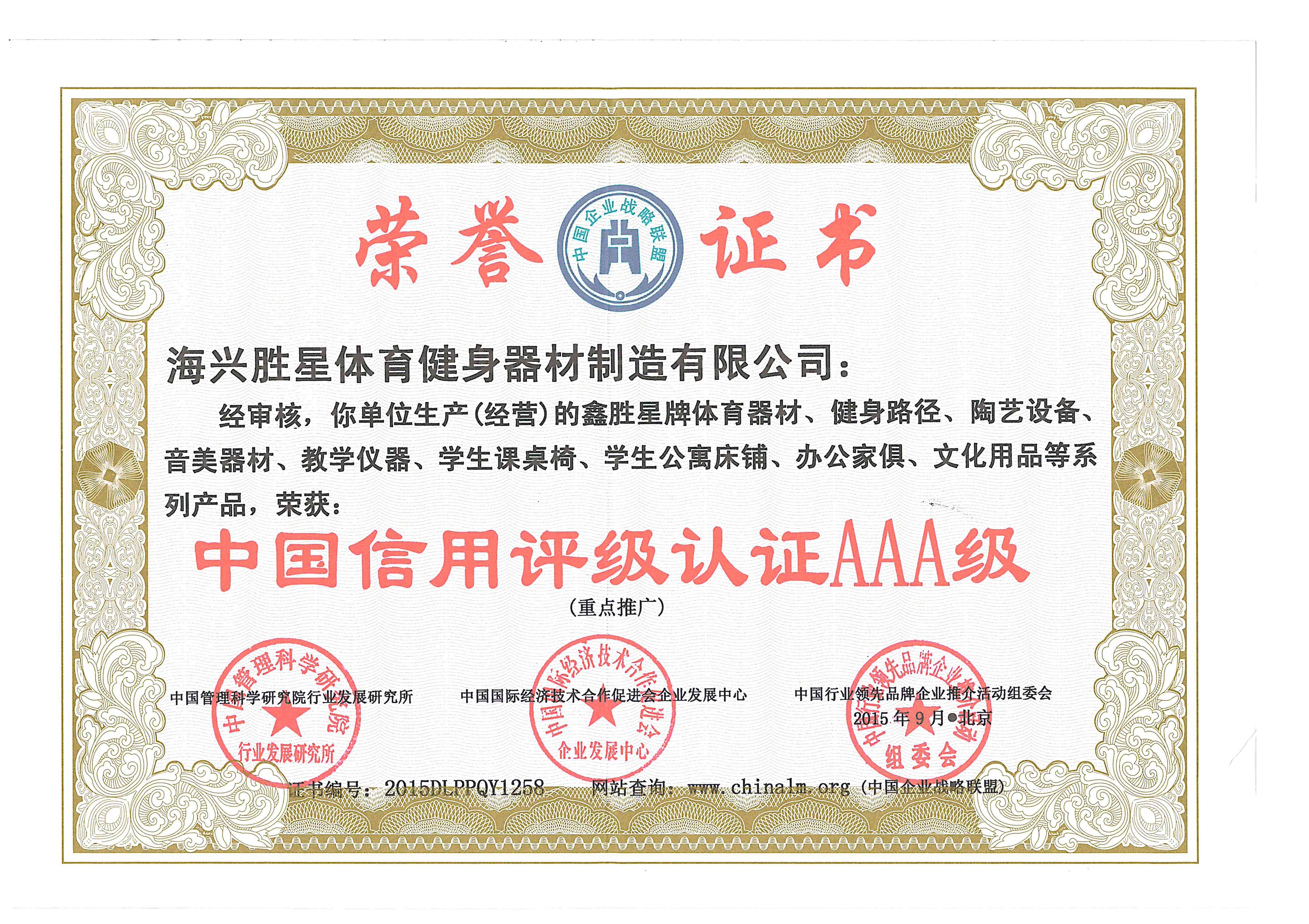 胜星体育健身器材资质证书